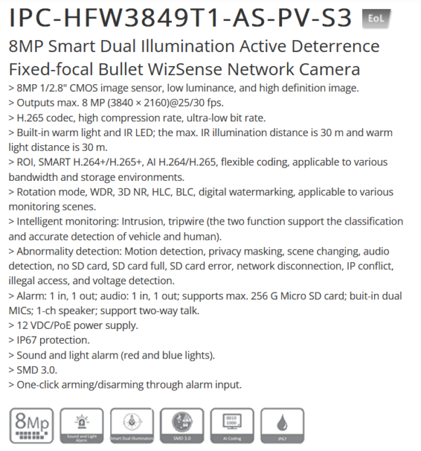 كاميرا داهوا الشبكية Dahua IPC-HFW3849T1-AS-PV-S3 هي كاميرا متقدمة بدقة 8 ميجابكسل