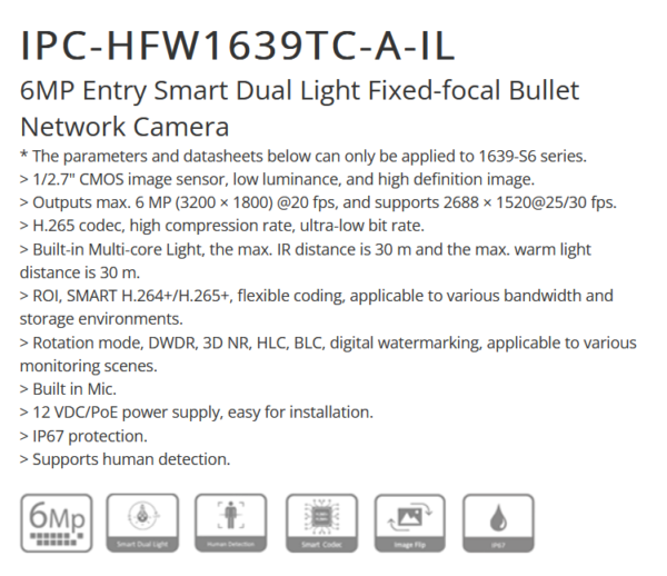 كاميرا داهوا الخارجية  Dahua IPC-HFW1639TC-A-IL هي كاميرا شبكية من نوع بولت بدقة 6 ميجابكسل