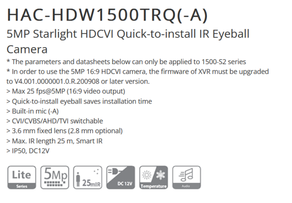 كاميرا داهوا داخلية Dahua DH-HAC-HDW1500TRQN-A  HDCVI من نوع Eyeball بدقة 5 ميجابكسل