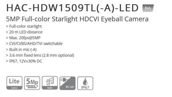 كاميرا داهوا داخلية Dahua DH-HAC-HDW1509TLN-A-LED  HDCVI من نوع Eyeball بدقة 5 ميجابكسل