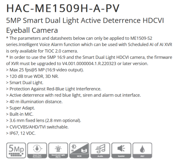 كاميرا داهوا داخلية Dahua DH-HAC-ME1509HN-A-PV HDCVI من نوع Eyeball بدقة 5 ميجابكسل