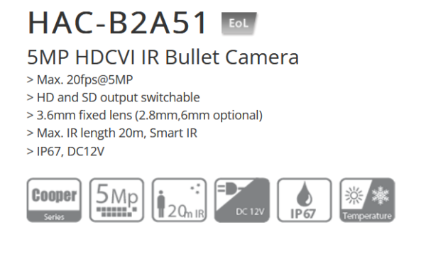 كاميرا داهوا خارجية Dahua DH-HAC-B2A51N هي كاميرا HDCVI من نوع Bullet بدقة 5 ميجابكسل