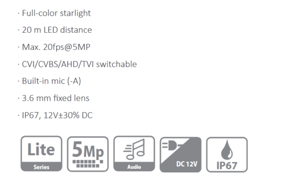 كاميرا داهوا خارجي ملون DH-HAC-HFW1509TN-LED HDCVI من نوع Bullet بدقة 5 ميجابكسل