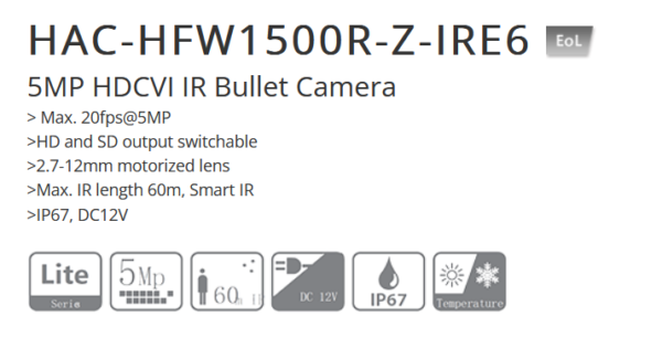 كاميرا داهوا الخارجية Dahua DH-HAC-HFW1500RN-Z-IRE6  HDCVI من نوع Bullet بدقة 5 ميجابكسل