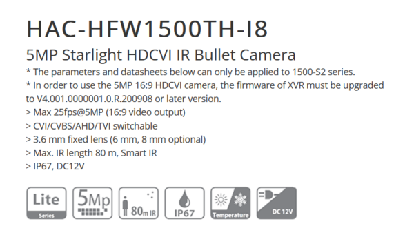 كاميرا داهوا Dahua DH-HAC-HFW1500THN-I8 HDCVI من نوع Bullet بدقة 5 ميجابكسل