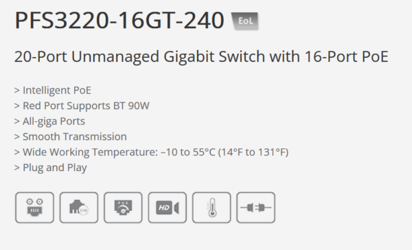 سويتش DH-PFS3220-16GT-240 من داهوا (Dahua) هو Managed PoE Switch