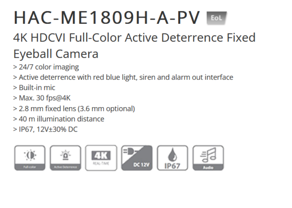كاميرا داهوا  HAC-ME1809H-A-PV داخلية، هي كاميرا مراقبة عالية الدقة بتقنية HDCVI، توفر دقة 4K