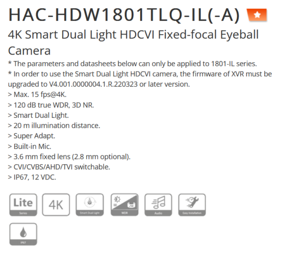 كاميرا داهوا داخلية DH-HAC-HDW1801TLQ-IL-A هي كاميرا مراقبة عالية الدقة بتقنية HDCVI، توفر دقة 4K