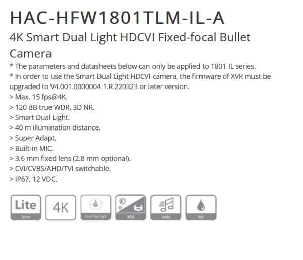 كاميرا داهوا خارجية HFW1801TLMN-IL-A هي كاميرا مراقبة خارجية بدقة 4K